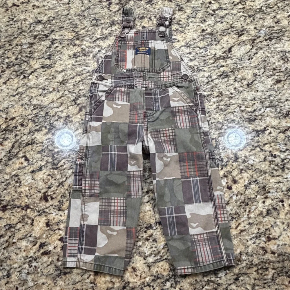 OshKosh Bgosh Boy Camo Plaid Patchwork Overalls 18 Months Green Brown v